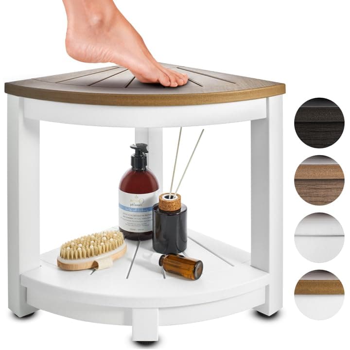 HDPE Corner Shower Stool - Waterproof Shower Bench for Shaving and Organizing (Brown) — White & Brown