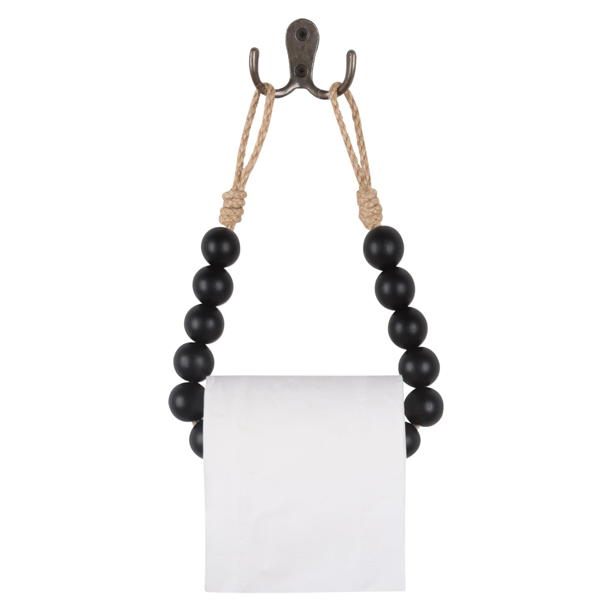 OCIOLI Black Natural Wood Bead Toilet Paper Holder Wall Mount Bathroom Towel Holder