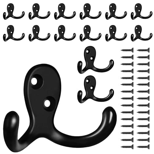 10 Pack Heavy Duty Wall Hooks for Coats, Bags, and Towels - Metal Double Prong (Black) — Black-15pack