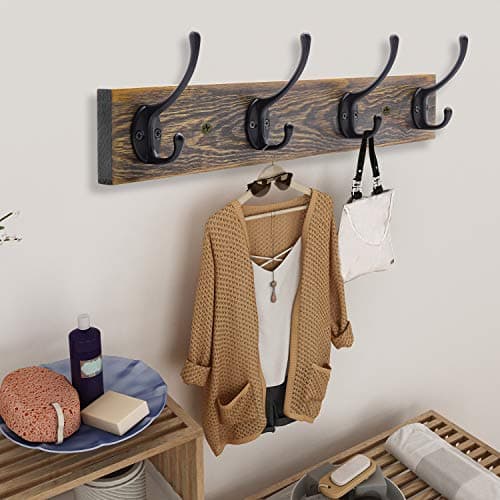IBosins Brown Rustic Metal Wood Wall Mount Coat Rack (4 Hooks)