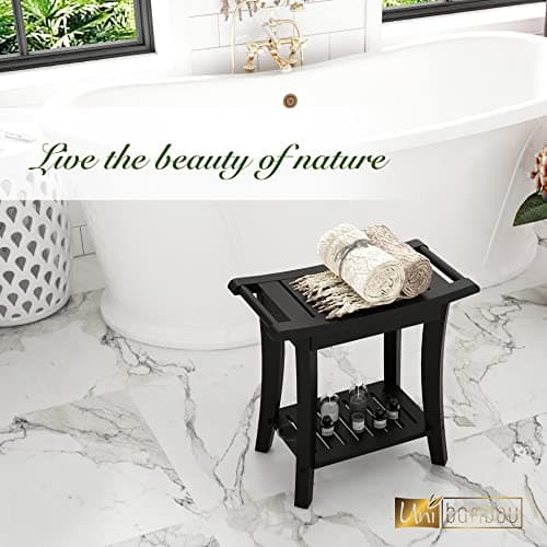 Waterproof Black Bamboo Shower Bench with Storage - Spacious for All Ages