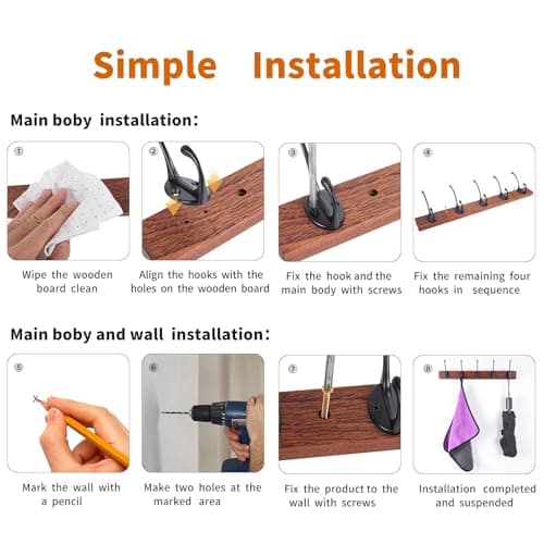 Rustic Large Wooden Wall Mount Coat Rack with 10 Hooks, Kruodop