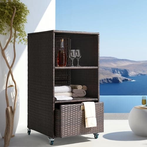 Outdoor Pool Towel Valet with Storage & Wheels, Brown
