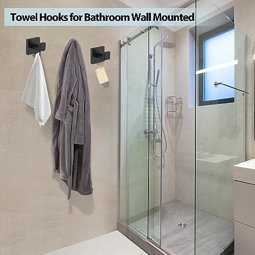Kruodop Black Matte Square Stainless Steel Towel Hooks, 4 PCS Wall Mount for Bathroom, Kitchen, Bedroom