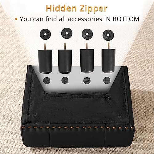 LUE BONA Black Rivet Faux Leather Foot Stool, 9" H, for Adults, Living Room Couch