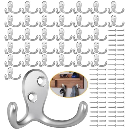 Heavy Duty Double Prong Coat Hooks, Wall Mounted with Screws - Set of 14 — 34 Pcs Silvery