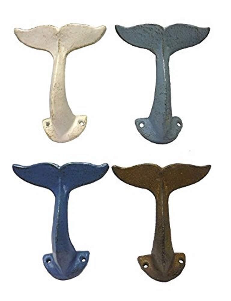 Birsppy Distressed Nautical Whale Tail Wall Hooks Set of 4