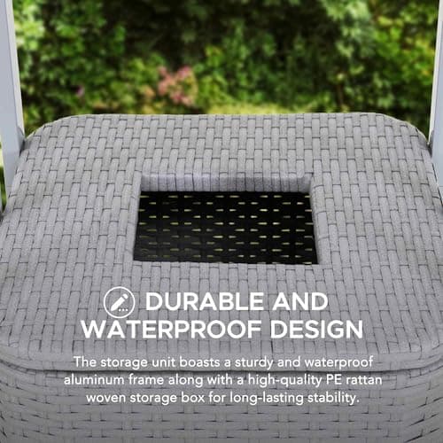 Sunjoy Aluminum Frame Pool Towel Valet with 2-Tier Shelves & Large Wicker Storage Basket, Grey