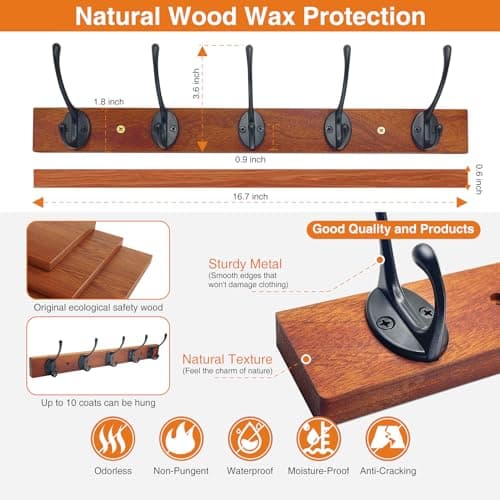Rustic Large Wooden Wall Mount Coat Rack with 10 Hooks, Kruodop