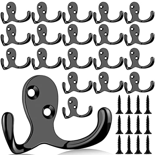 20 Pcs Heavy Duty Double Prong Coat Hooks with Screws for Bathroom Kitchen Entryway (Black)