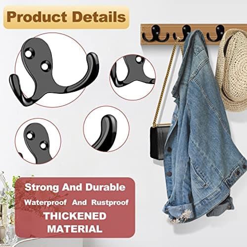 20 Pcs Heavy Duty Double Prong Coat Hooks with Screws for Bathroom Kitchen Entryway (Black)