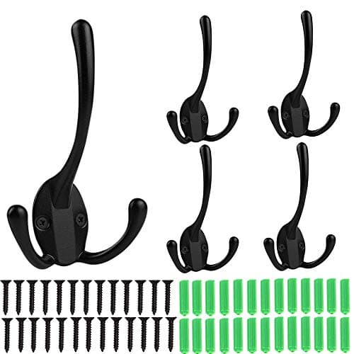 10 Pack Retro Double Utility Coat Hooks for Bath Kitchen Garage (3 Prongs, 50 Screws Included) — 1# Black hooks 5 Pack