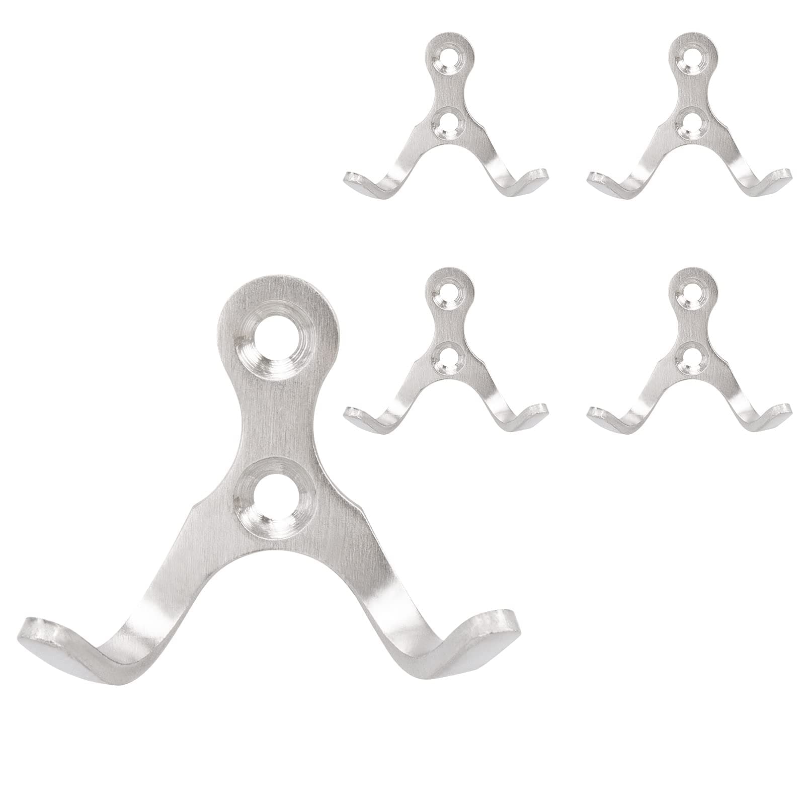 NearMoon Heavy Duty Double Prong Coat Hooks, Wall Mounted Stainless Steel, 5 Pack - Brushed Nickel for Towels, Hats, Keys, and Bags