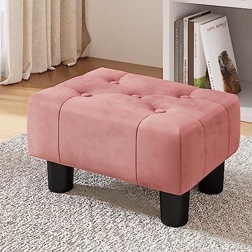 LUE BONA Black Rivet Faux Leather Foot Stool, 9" H, for Adults, Living Room Couch — Pink