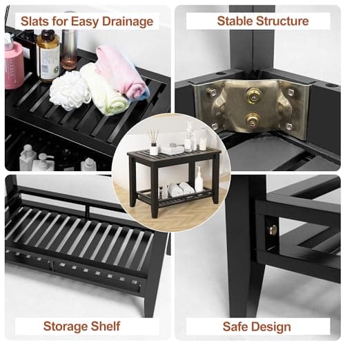 Forevich Bamboo Shower Bench Stool with Storage Shelf Black