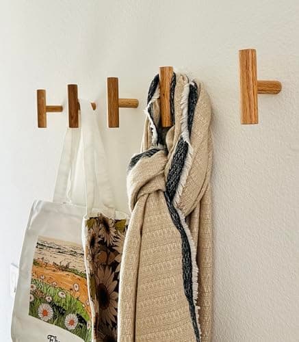 Sturdy Natural Oak Wooden Coat Hooks, Holds Up to 7lbs - Pack of 5