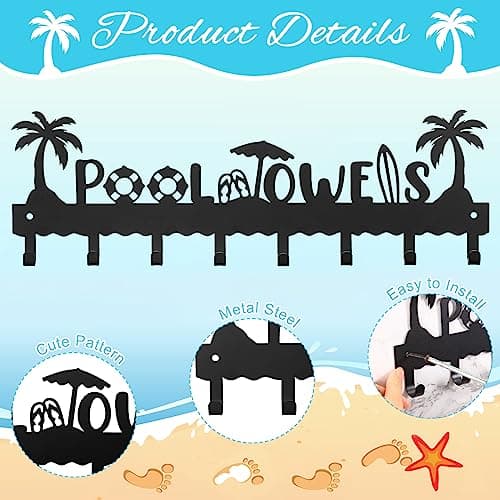 Black Metal Wall Hook Rack with 8 Hooks for Pool Towels and More