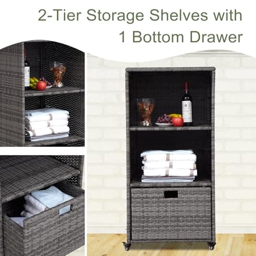 Kinfant Waterproof PE Rattan Towel Rack with Rolling Wheels, 2 Shelves, 1 Drawer, for Pool Patio