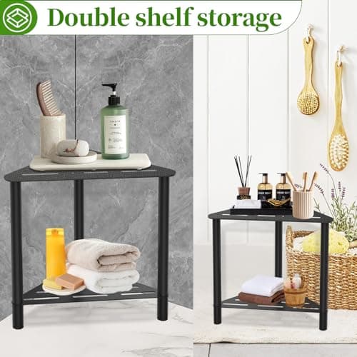 IBosins Corner Shower Stool with Storage Shelf - Compact Bath Bench for Shaving and Sitting in the Shower