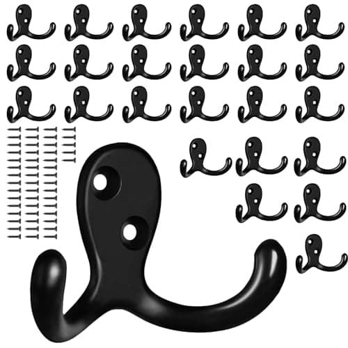 10 Pack Heavy Duty Wall Hooks for Coats, Bags, and Towels - Metal Double Prong (Black) — Black-25pack