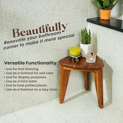 HOLANA Acacia Wood 12" Corner Shower Footrest - Waterproof Bench for Inside Shower