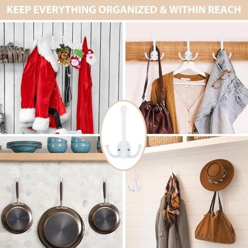 Heavy Duty 8 Pack Metal Coat Hooks, Large Prongs for Hanging Towels, Coats, Scarves - Rustproof White