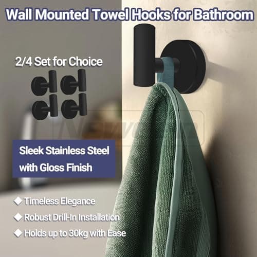 Black Matte Towel Hooks, Stainless Steel, 4 Packs Bathroom & Kitchen Wall Mount