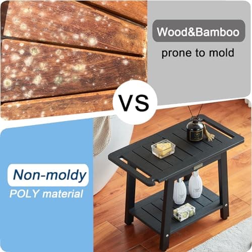 HDPS Waterproof Shower Bench Seat with Handles & Holder, Black Non-Slip Foot Rest