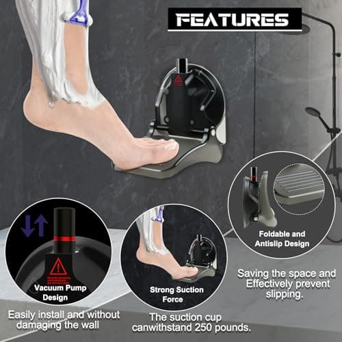 Anti-Slip Foldable Shower Rest for Legs, Suction Cup Pedal, Black, Pregnant & Back Pain Relief