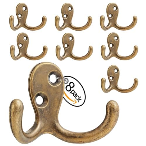Bronze Double Prong Coat Hooks - 8 Pack, Wall Mounted, Heavy-Duty for Living Room & More