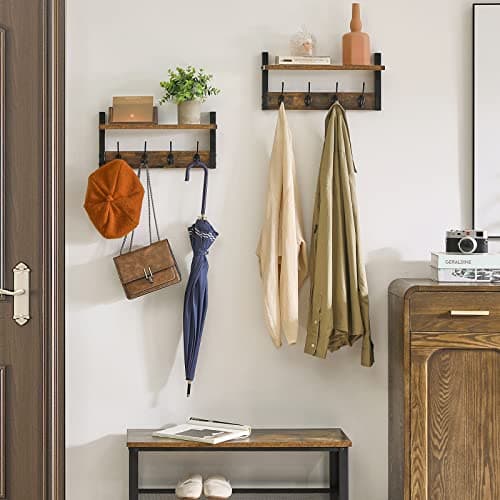 Rustic Brown Wall Mounted Coat Rack with 8 Hooks and Shelf UHWS001H-2