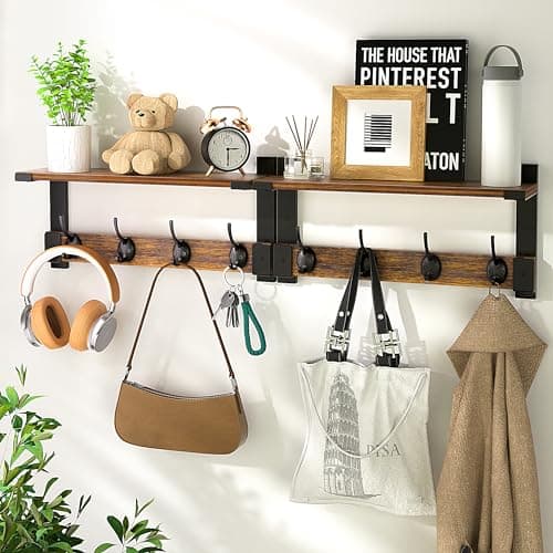 Wall Hooks with Shelf Coat Rack, Wall Mount Hanging for Entryway, Living Room, Bathroom — Rustic Brown