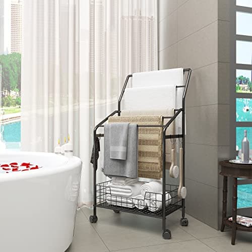 5-Tier Metal Towel Rack with Hooks & Lockable Wheels for Bathroom and Living Room