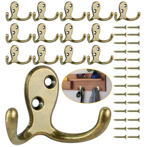 Heavy Duty Double Prong Coat Hooks, Wall Mounted with Screws - Set of 14 — 14 Pcs Antique Brass