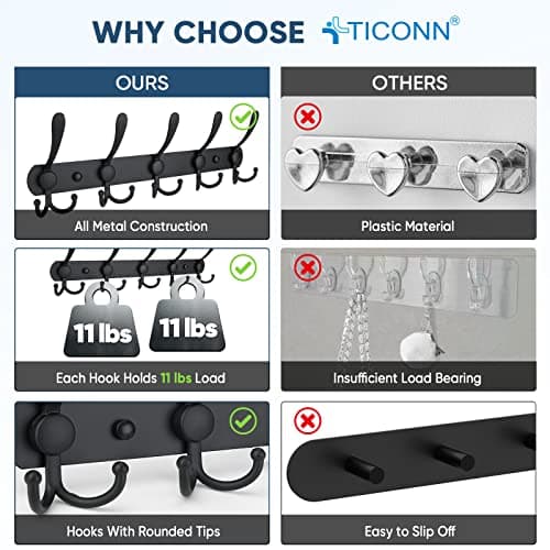Wall Mounted Coat Rack with Five Tri Hooks (2-Pack) - Matte Black, Heavy Duty Metal Construction for Mudroom Entryway