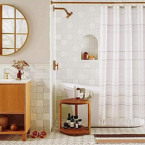 Tinamo Acacia Corner Shower Bench with Storage Shelf