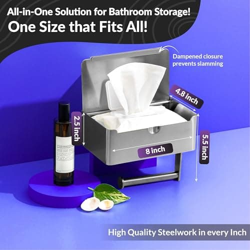 Premium Toilet Paper Holder with Shelf & Storage, Flushable Wipes Container, SUS 304 Stainless Steel