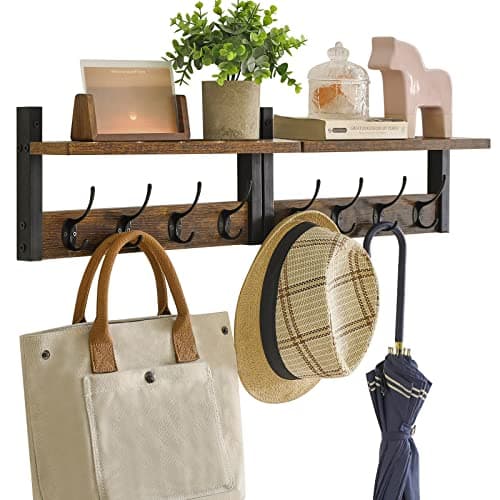 Rustic Brown Wall Mounted Coat Rack with 8 Hooks and Shelf UHWS001H-2