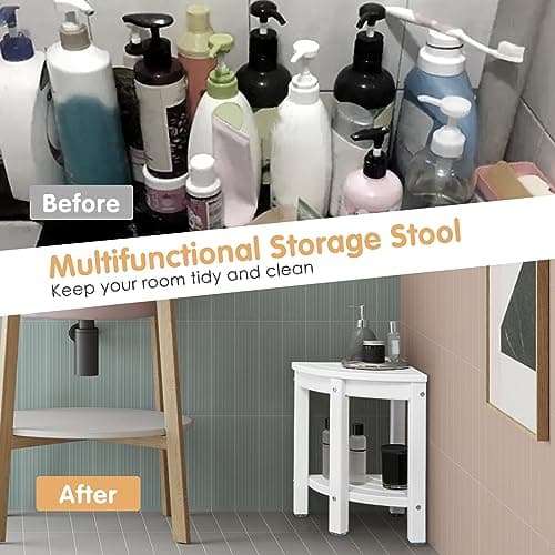 Giantex Waterproof Corner Shower Stool with Storage Shelf (White)
