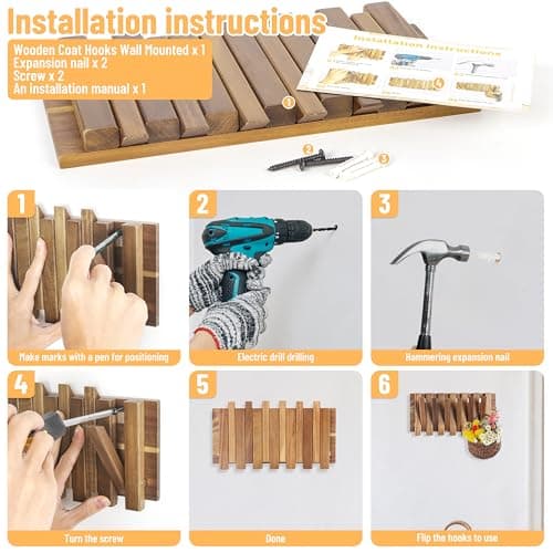 Rustic Wood Wall Coat Rack 6 Hooks 10.4inch Retractable Small Spaces