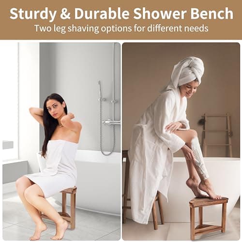 Corner Shower Foot Rest for Shaving Legs - Waterproof Acacia Wood Stool with Storage Shelf (14in)