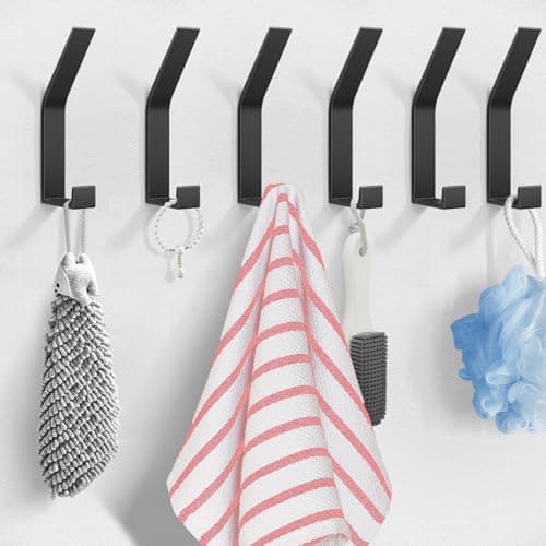 Heavy Duty Black Wall Hooks - 6 Pack Coat Rack with Towel Hooks
