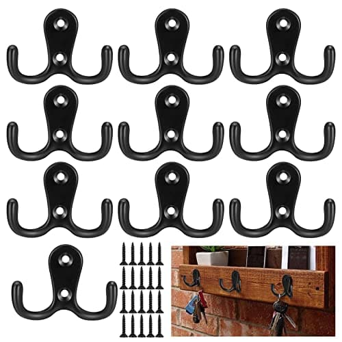 10 Pack Black Retro Double Prong Coat Hooks for Hanging Clothes and Accessories