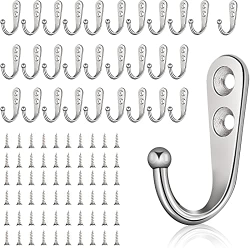 Yangbaga 60 Screw Large Metal Wall Hooks, Black Heavy Duty for Coats, Purse, Towel — Silver