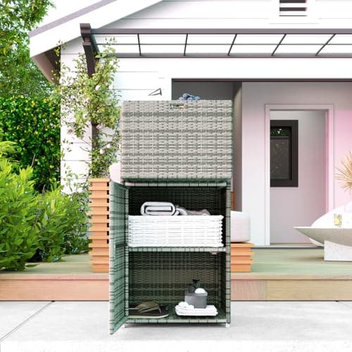 Outsunny Waterproof PE Rattan Pool Storage Cabinet, 24"x24"x47", Gray