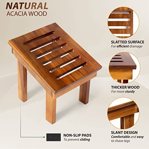 BLUEWEST Acacia Wood Shower Stool - Rest, Shave, & Bench for Small Spaces