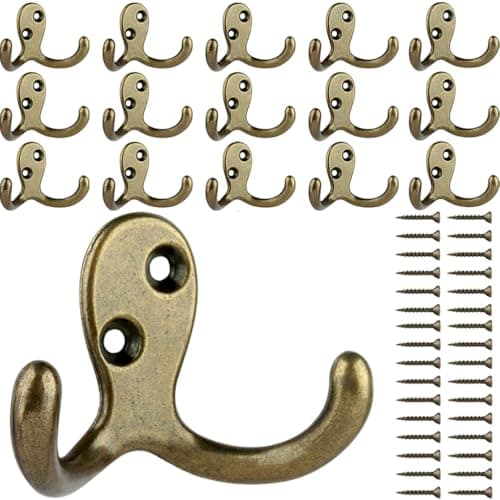 IBosins 28-Pack Heavy Duty Double Prong Coat Hooks Wall Mount Utility Hooks — 16 Pcs Antique Brass