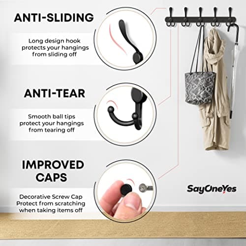 Heavy Duty Black Stainless Steel Coat Rack - 16 Inch Wall Mount - 5 Hooks