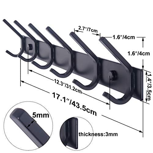 WEBI Heavy Duty 6 Double Coat Hooks Wall Rack, Black, 2 Packs