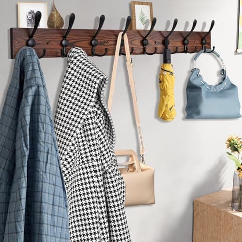 Large Wall Mount Coat Rack with 8 Triple Hooks - Brown Pine Wood Plank Hat Rack for Coat, Hat, Jacket